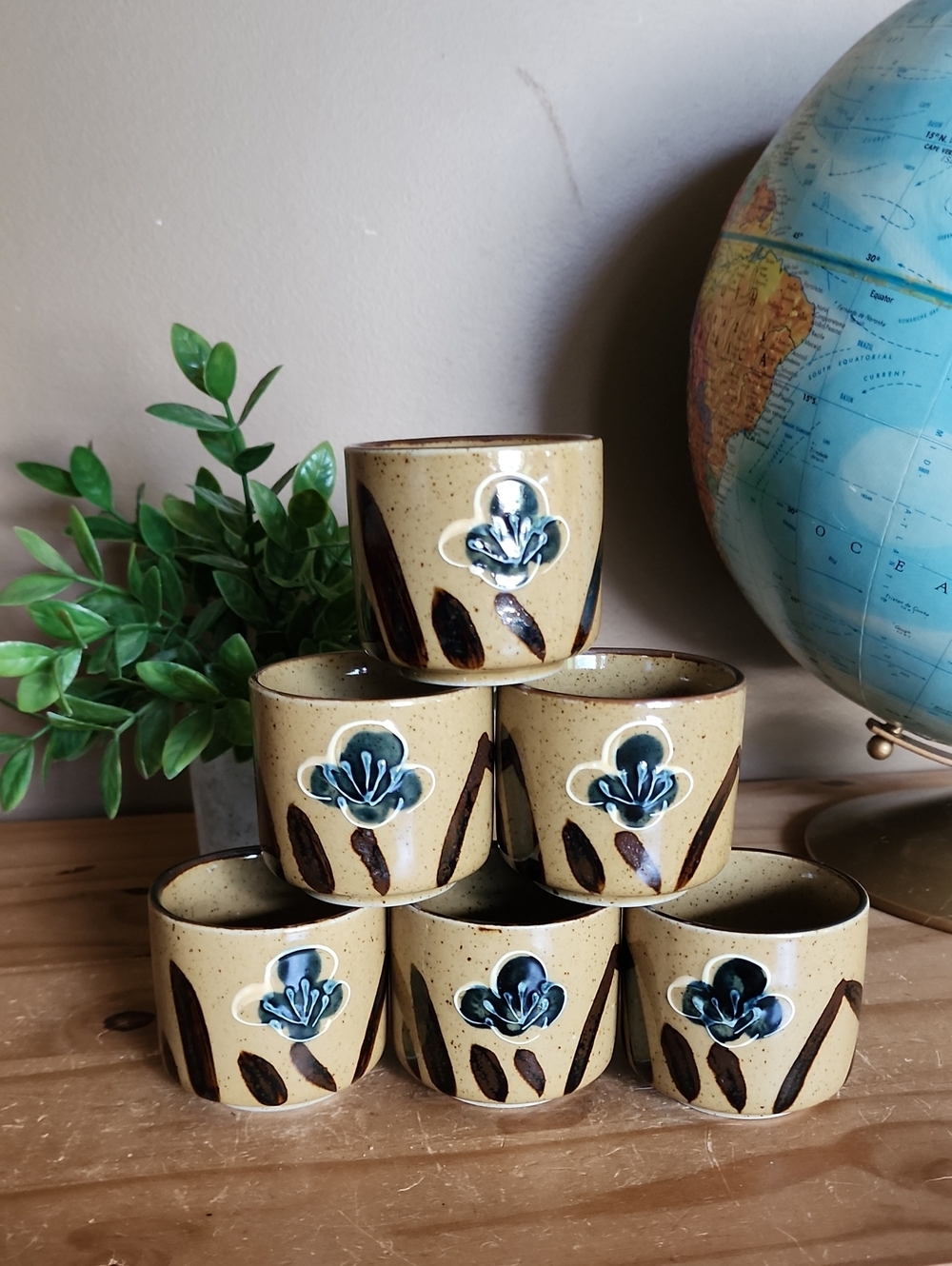Vintage Japanese Floral Stoneware Sake Cups Set Of 6